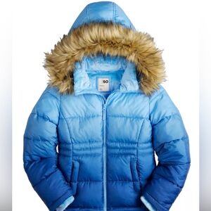 SO Girls Blue Puffer Winter Coat Jacket Faux Fur Hood Size 4/5